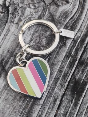 Coach Legacy striped heart keychain fob, style #92109. 